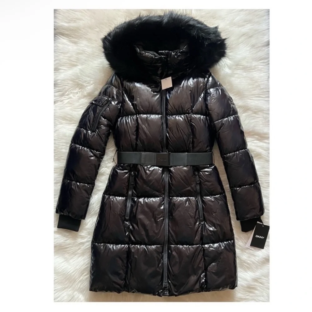 New! DKNY Black Glossy Belted Puffer Coat with Removable Faux Fur Hood - Picture 8 of 16